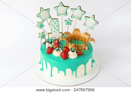 Birthday Cake 1 Year For Little Child With Cyan Glaze, Strawberries, Cream, Blueberry, Gold Crown, G