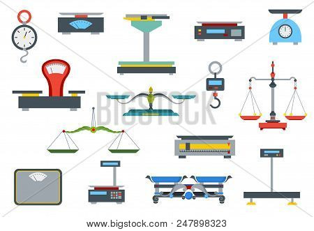 Flat Store Weigher. Collection Of Electronic And Mechanical Scales For Shop. Business Sale Objects. 