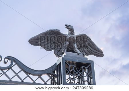 Haifa, Israel, June 30, 2018 : Decorative Figure Of An Eagle On The Gate Of The Upper Entrance To Th
