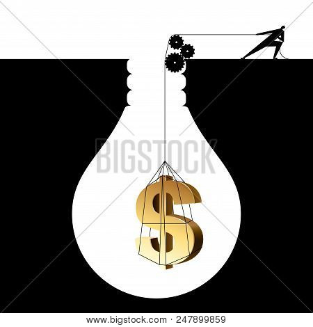 Businessman Lifting Dollar From Trap, The Trap Is In The Shape Of A Light Bulb.