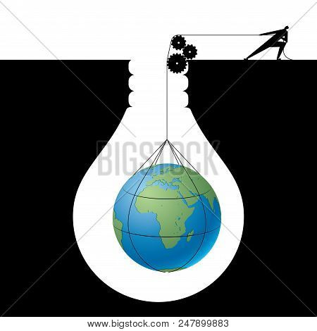 Businessman Lifting Earth From Trap, The Trap Is In The Shape Of A Light Bulb.