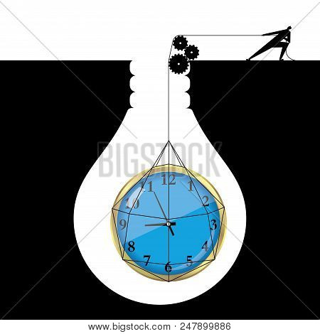 Businessman Lifting Clock From Trap, The Trap Is In The Shape Of A Light Bulb.