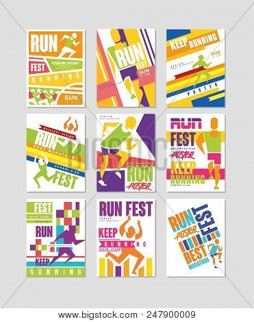Run Fest Posters Set, Running Marathon, Sport And Competition Colorful Design Element For Card, Bann