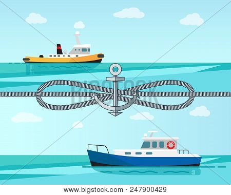 Sea Transport Color Banner Vector Illustration With Grey Cordage Blue And Yellow Sea Ships, Cordage 