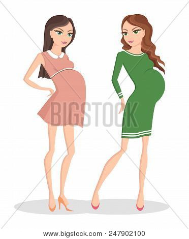 Two Beautiful Pregnant Women In Pretty Dresses, Comfortable Clothes For Awaiting Baby Girls, Pink An