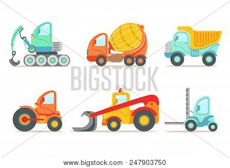 Set Of Colorful Construction And Cargo Vehicles. Concrete Mixing Truck, Large Dumper, Excavator, Roa