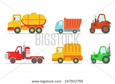 Collection Of Different Types Of Vehicles. Semi Trailer, Tractors, Lorry, Truck With Tank. Transport
