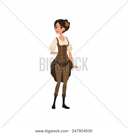 Cute Young Girl In Steampunk Costume Posing Isolated On White Background. Woman Wearing Chemise Blou