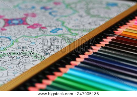 Mindfulness Concept: Colored Pencils And Adult Coloring Book