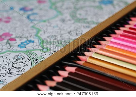 Mindfulness Concept: Colorful Pencils And Coloring Book For Adults
