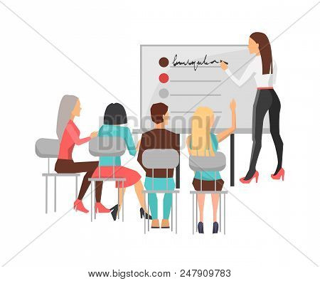 Business Training For Workers, Woman Writing Plan In Form Of List And Blonde Raising Hand With Desir