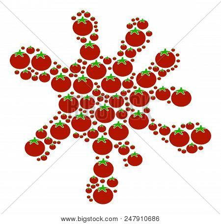 Spot Area Made From Tomato Vegetable Icons In Different Sizes. Abstract Vector Splatter Concept. Tom