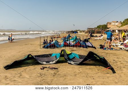 La Boquilla Cartagena, Colombia. March 2018. A View Of Kite Surk Equipment On La Boquilla Beach Near