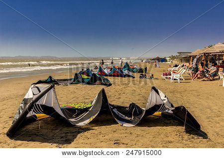 La Boquilla Cartagena, Colombia. March 2018. A View Of Kite Surk Equipment On La Boquilla Beach Near