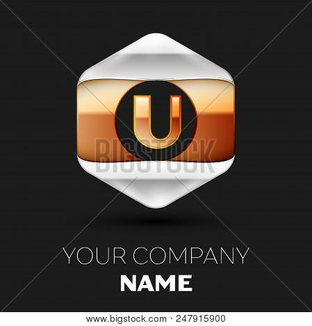 Realistic Golden Letter U Logo Symbol In The Colorful Silver-golden Hexagonal Shape On Black Backgro