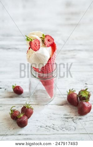 Ice Cream As A Background. White Vanilla Ice Cream With Marbles, Texture, Texture. Frozen Strawberry