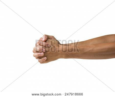 Clipping Path Hand Gestures Isolated On White Background. A Man Hand Making Praying Sign Or Symbol F