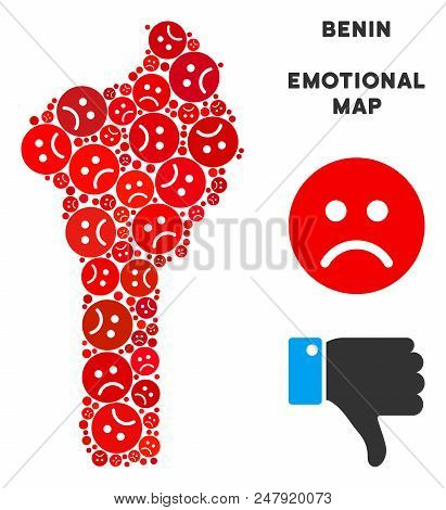 Emotion Benin Map Composition Of Sad Emojis In Red Colors. Negative Mood Vector Concept Of Depressio