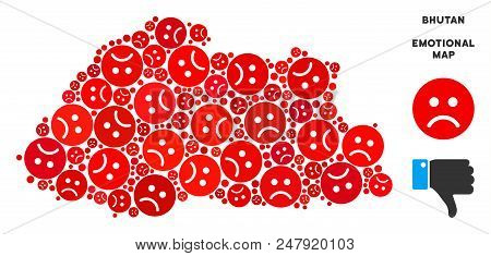 Emotion Bhutan Map Mosaic Of Sad Emojis In Red Colors. Negative Mood Vector Template Of Crisis Regio