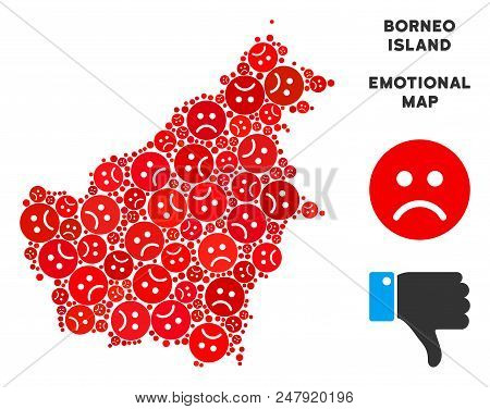Emotion Borneo Island Map Composition Of Sad Emojis In Red Colors. Negative Mood Vector Concept Of C