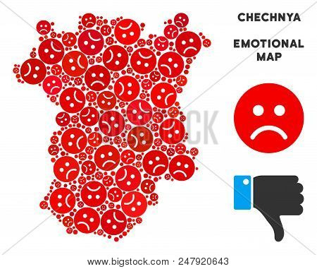 Emotion Chechnya Map Collage Of Sad Emojis In Red Colors. Negative Mood Vector Concept Of Crisis Reg