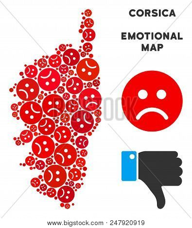 Emotion Corsica France Island Map Collage Of Sad Emojis In Red Colors. Negative Mood Vector Concept 