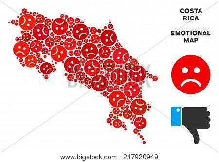 Emotion Costa Rica Map Mosaic Of Sad Emojis In Red Colors. Negative Mood Vector Concept Of Depressio