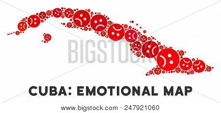 Emotion Cuba Map Collage Of Sad Emojis In Red Colors. Negative Mood Vector Template Of Crisis Region