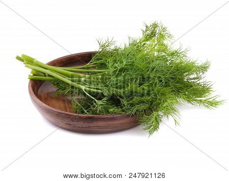 A Bunch Of Fresh Dill Is Lying On The Wooden Plate, Situated On The White Background.
