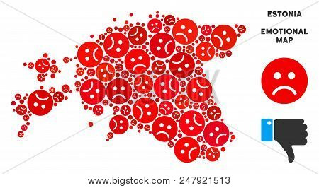 Emotion Estonia Map Composition Of Sad Emojis In Red Colors. Negative Mood Vector Template Of Depres
