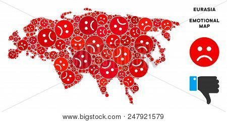 Emotional Eurasia Map Collage Of Sad Emojis In Red Colors. Negative Mood Vector Template Of Depressi