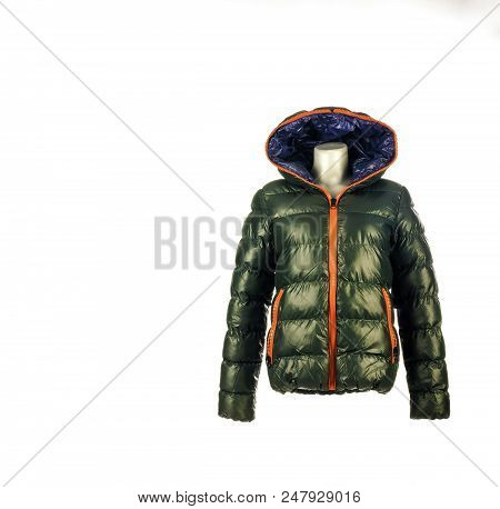 Casual Winter Green Feather Fluff Down Jacket With Red And Blue On Mannequin Isolated On White Backg