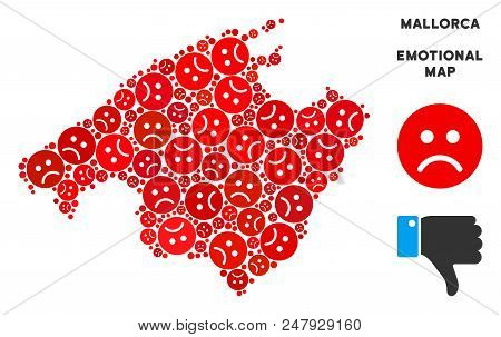 Emotion Spain Mallorca Island Map Collage Of Sad Emojis In Red Colors. Negative Mood Vector Template
