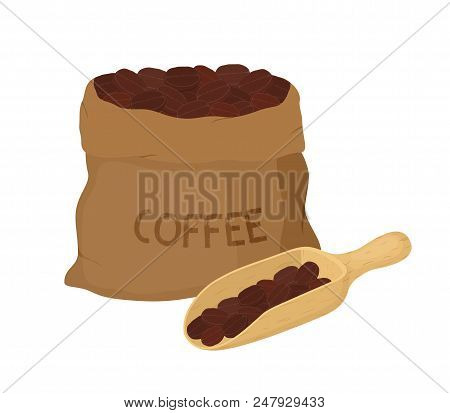 Vector Brown Canvas Coffee Bag With Wooden Scoop, Package For Grains Of Aroma Product. Made In Carto