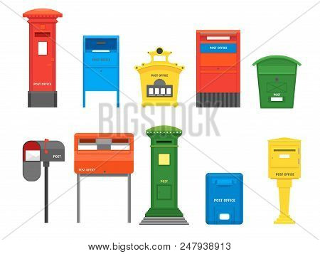 Cartoon Color Mail Box Set Post Concept Flat Design Style Symbol Of Delivery Letter. Vector Illustra