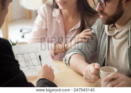 Close Up Of Millennial Couple Visiting Architect Or Designer Office, Consulting About Future House P