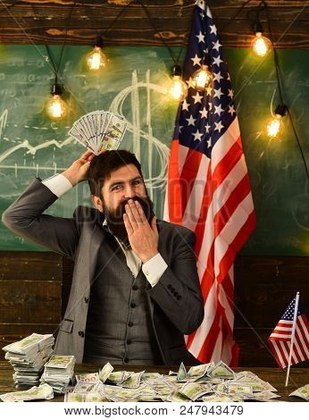 Budget Increase Policy. Budget Of Ameca With Bearded Man At Flag