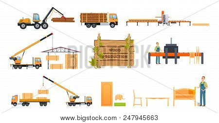Wood Production Concept. Cargo Working Car For Freight Transport For Transportation Of Resources, St