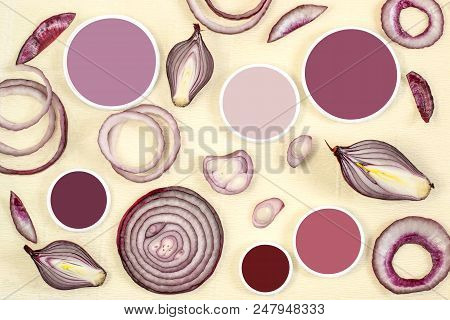 Red Onions (halves, Rings, Slices) And Color Samples. Natural Color Palette. Shades Of Purple. Disco