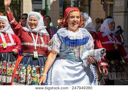 Prague, Czech Republic - July 1, 2018: Women In Folk Costumes At Sokolsky Slet, A Once-every-six-yea