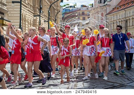 Prague, Czech Republic - July 1, 2018: Girls Parading At Sokolsky Slet, A Once-every-six-years Gathe