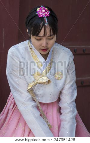 Seoul - May 10 : Korean Woman Wearing Hanbok Dress In Seoul Korea On May 10 2018. Hanbok Is A Korean