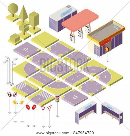 Vector Set With Isometric Elements To Build Your Own City Map. Cityscape Constructor Isolated On Bac