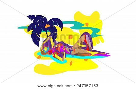Impressionistic Vector Background Girl Sunbathing, Illustration. Sexy Woman In Bikini On The Beach A