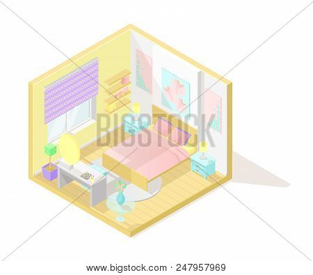 Vector Isometric Low Poly Cutaway Interior Illustartion. Bedroom