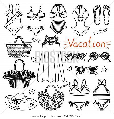 Set Of Hand Drawn Women Clothes And Accessories. Vacation
