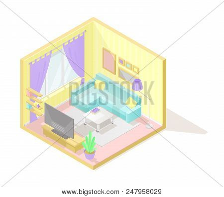 Vector Isometric Low Poly Cutaway Interior Illustartion. Living Room