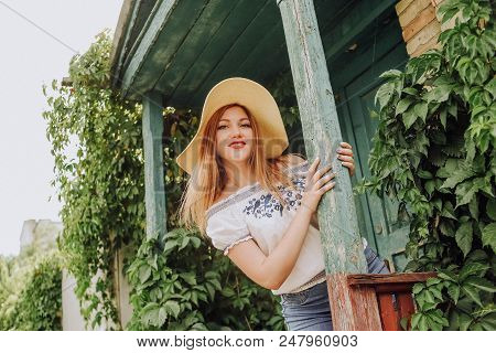 Girl Hat Peeks Waits Happily Village House