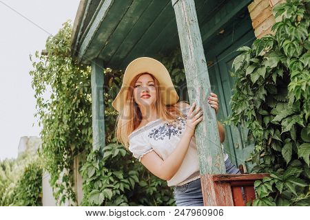 Girl Hat Peeks Waits Happily Village House
