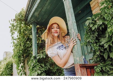 Girl Hat Peeks Waits Happily Village House